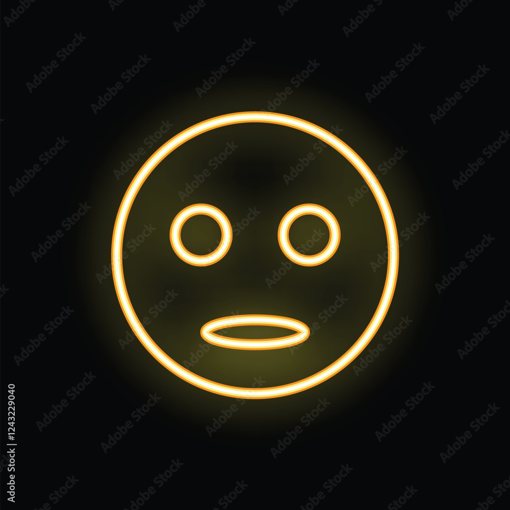 Fototapeta premium Bright yellow neon sign in the shape of a sad face is glowing on a black background