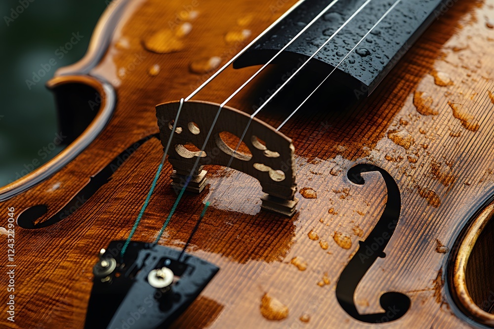 Close-Up of Raindrop-Covered Violin Strings with Wooden Bridge Detail Close-Up of Raindrop-Covered Violin Strings with Wooden Bridge Detail