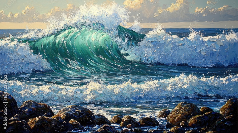 Obraz premium Majestic Ocean Wave Crashing on Rocky Shore: A Vibrant Seascape Painting