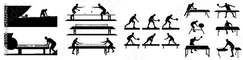 Silhouettes of athletes engaging in table tennis practice and competition at indoor venue during daytime