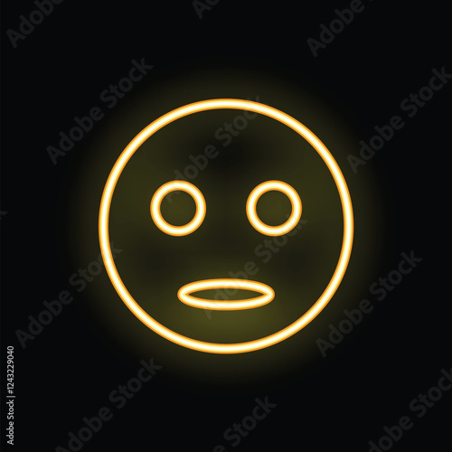 Bright yellow neon sign in the shape of a sad face is glowing on a black background