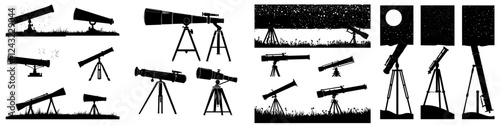 Silhouettes of telescopes set against a starry sky in a peaceful outdoor location during nighttime observation