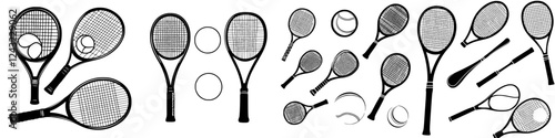Collection of various tennis rackets and balls arranged artistically for a sports-themed design project