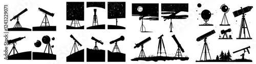 Silhouettes of telescopes under a starry sky featuring various celestial observations and scenes