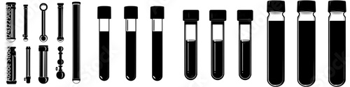 Laboratory equipment including various test tubes and vials arranged in a neat row for scientific experimentation