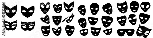 Collection of black masks with various designs displayed on a white background showcasing artistic creativity
