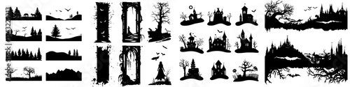 Unique collection of silhouette designs featuring trees, landscapes, and spooky scenes at twilight