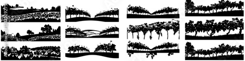 Landscape silhouettes featuring vineyards and rolling hills during sunset
