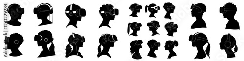 Diverse group of individuals using virtual reality headsets in various poses and hairstyles for an immersive experience