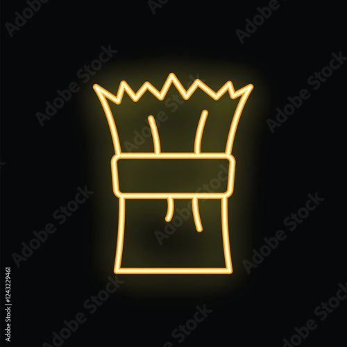 Yellow neon sign depicting a hay bale tied with rope, glowing on a black background