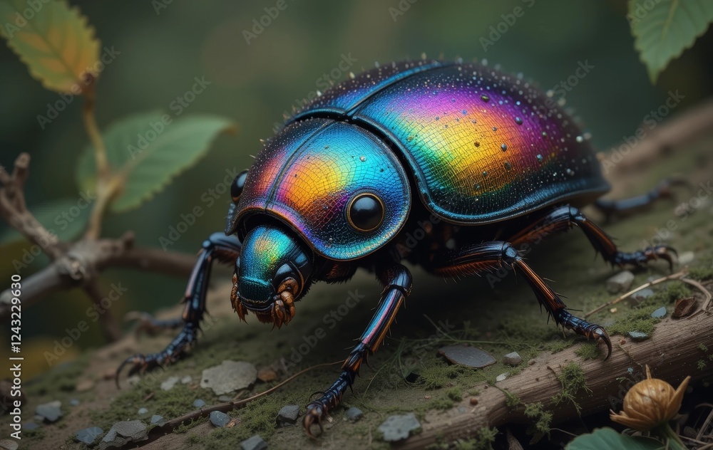 A close-up of a colorful beetle on a muted green background with leaves and twigs A close-up of a colorful beetle on a muted green background with leaves and twigs