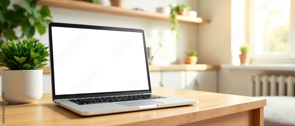 Mockup Laptop on Wooden Table with Houseplant - Living Room Scene Mockup Laptop on Wooden Table with Houseplant - Living Room Scene