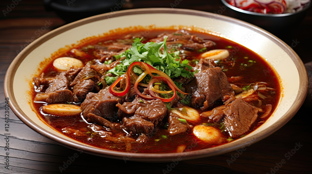 Spicy Beef Stew in Brown Bowl on Wooden Table