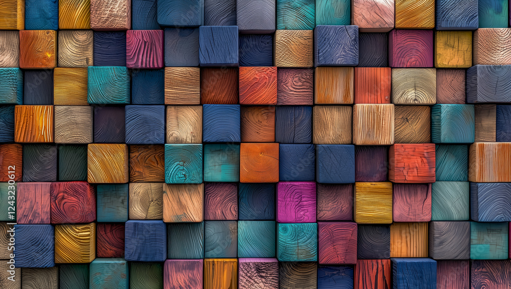 Colorful wooden blocks arranged in a mosaic pattern showcasing various textures and hues Colorful wooden blocks arranged in a mosaic pattern showcasing various textures and hues
