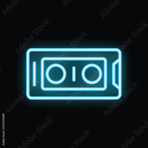 Blue neon icon of a vhs video cassette tape glowing against a black background