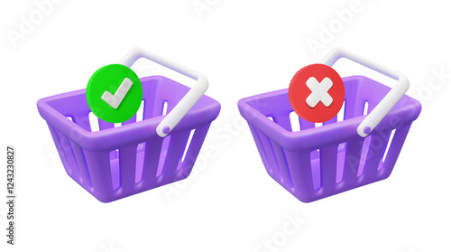 3D vector render illustration of shopping cart icon. Two purple minimalist with check mark and cross symbols representing shopping status, successful or failed transactions,isolated on white backgroud