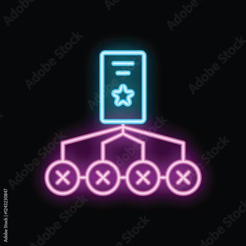 Glowing neon icon representing a centralized network with a main hub connected to multiple nodes, all of which are currently blocked or inactive