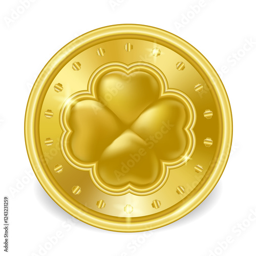 Saint patrick's day gold coin clover isolated on white background. Vector illustration