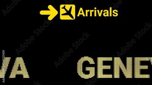 Black Background GENEVA Airport’s Animated LED Sign Board Shines Bright.  Suitable for YouTube intros, website banners, or corporate videos focused on aviation and global connectivity