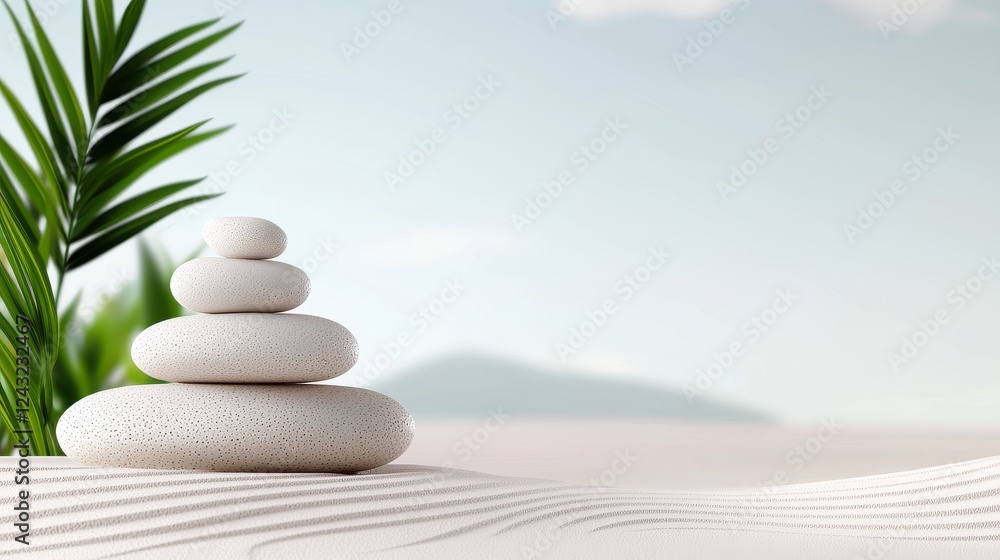 White Stones Balanced on Sand with Palm Leaves and Soft Lighting White Stones Balanced on Sand with Palm Leaves and Soft Lighting