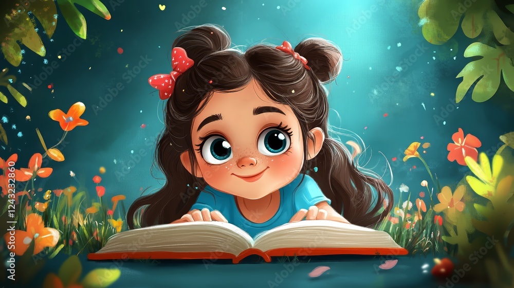 Charming little girl reading in enchanted garden with bright flowers and sparkling light Charming little girl reading in enchanted garden with bright flowers and sparkling light