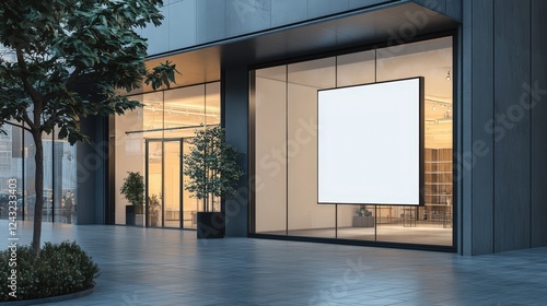 Wallpaper Mural Blank Poster Frame Displayed on Modern Storefront for Advertising Purposes in Urban Environment with Contemporary Architecture Torontodigital.ca