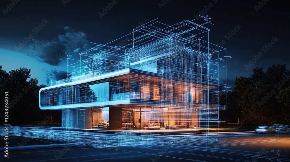 Obraz premium A modern building with blueprints and wireframe holograms overlaying it, highlighting the architectural design of an energy-efficient home in Montreal at night.