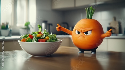 Grumpy carrot disapproves of the fresh salad.  A funny vegetable character in a kitchen setting. photo