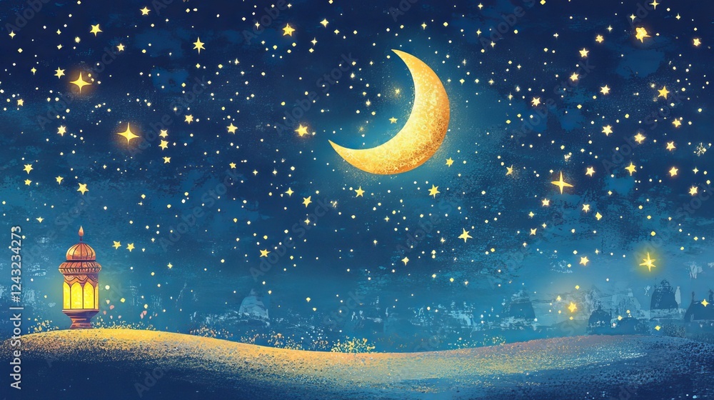 Fototapeta premium Ramadan Kareem! Celebrate with a beautiful moon and Arabian lantern against a starry night sky. Eid Mubarak!