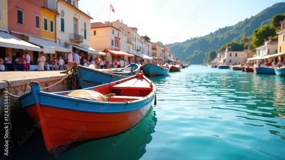 Fototapeta premium Colorful Fishing Village Boatscape - Sunlit Harbor