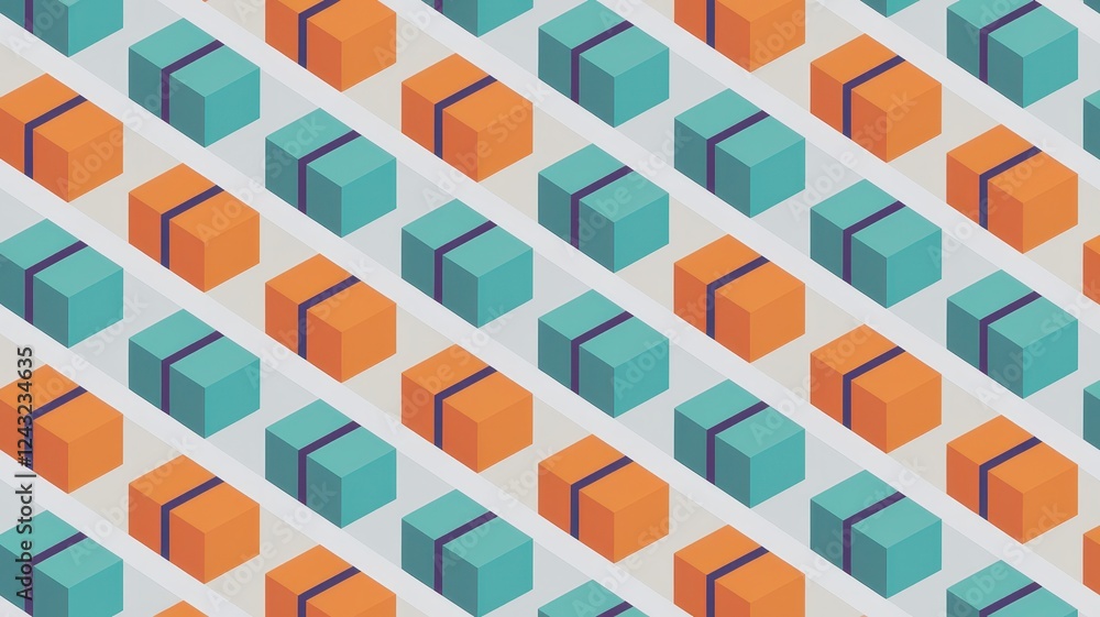 Obraz premium A vibrant pattern of turquoise and orange gift boxes neatly arranged on a white background, creating a cheerful and festive atmosphere.