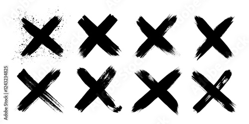 Hand drawn dirty grunge brush strokes cross x vector illustration icon set. Cross mark wrong symbol graphic design collection. Check mark symbol NO button for vote in check box, web, etc.