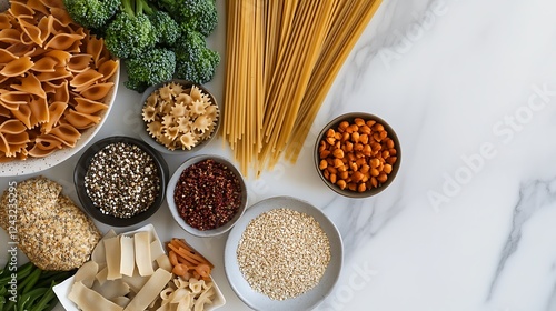 Balanced diet meal of plant based options including gluten free pasta and nutrient rich foods displayed with minimalist styling