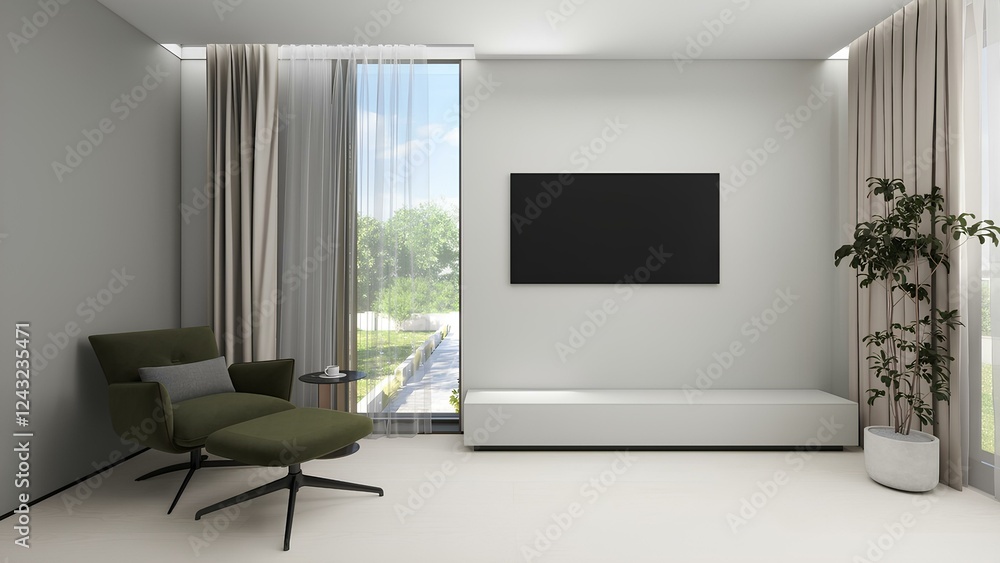 This cozy space features a green armchair with an ottoman, a small side table, a TV on the wall, large windows offering a view of greenery, and soft, light-colored flooring This cozy space features a green armchair with an ottoman, a small side table, a TV on the wall, large windows offering a view of greenery, and soft, light-colored flooring