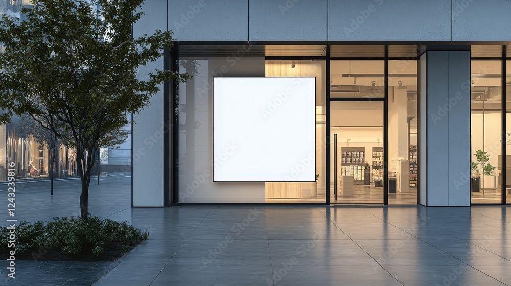 Blank Advertising Poster Displayed on Modern Storefront with Large Window and Clean Surroundings in Urban Environment Blank Advertising Poster Displayed on Modern Storefront with Large Window and Clean Surroundings in Urban Environment