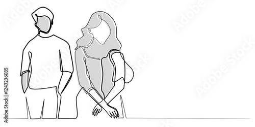 line art drawing woman blushing in front of man.one line drawing of beautiful woman blushing when meeting man.single line vector illustration.isolated white background