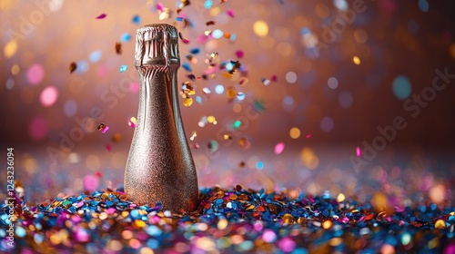 Sparkling champagne bottle surrounded by colorful confetti, celebrating a joyous occasion