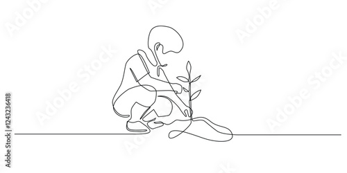 continuous line of boy planting tree seedlings.one line drawing of boy planting seeds.single line vector illustration of go green symbol sign.isolated white background