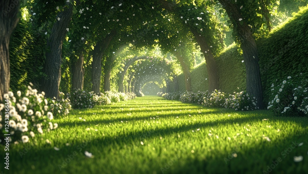 Sunlit Green Pathway: A Serene Garden Walk Sunlit Green Pathway: A Serene Garden Walk