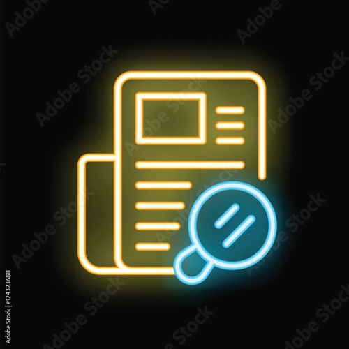 Bright neon icon of a magnifying glass analyzing a news article, symbolizing investigative journalism and media scrutiny