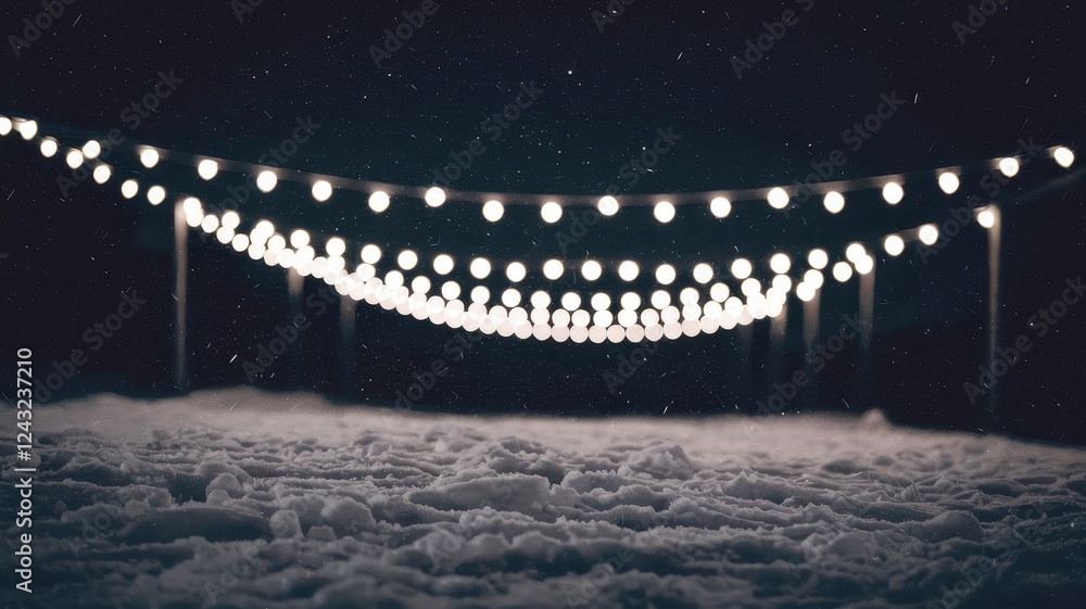 Fototapeta premium A serene winter scene with glowing string lights illuminating a snowy landscape at night, creating a magical and tranquil atmosphere.