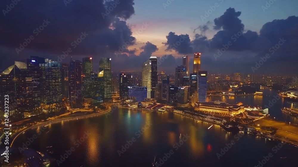 Fototapeta premium A stunning aerial view of a vibrant city skyline at dusk, reflecting lights on the water.