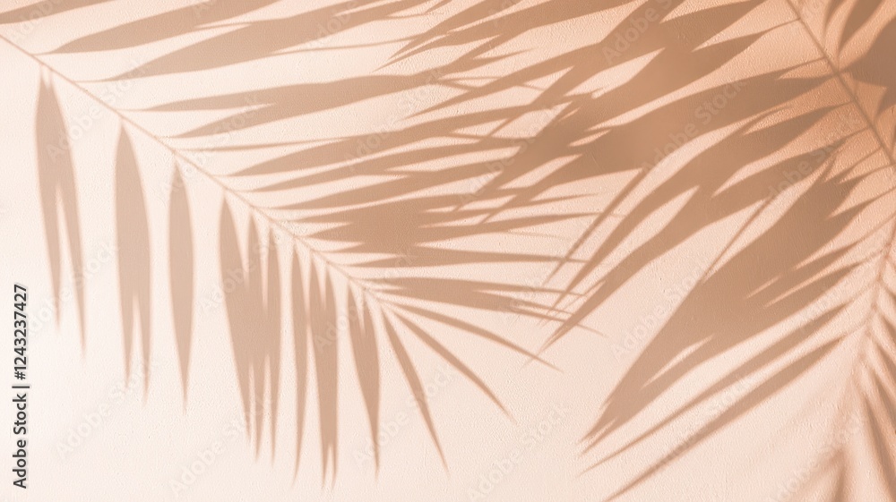 Obraz premium Delicate shadows of palm leaves cast on a soft peach wall, creating a serene and tropical atmosphere.