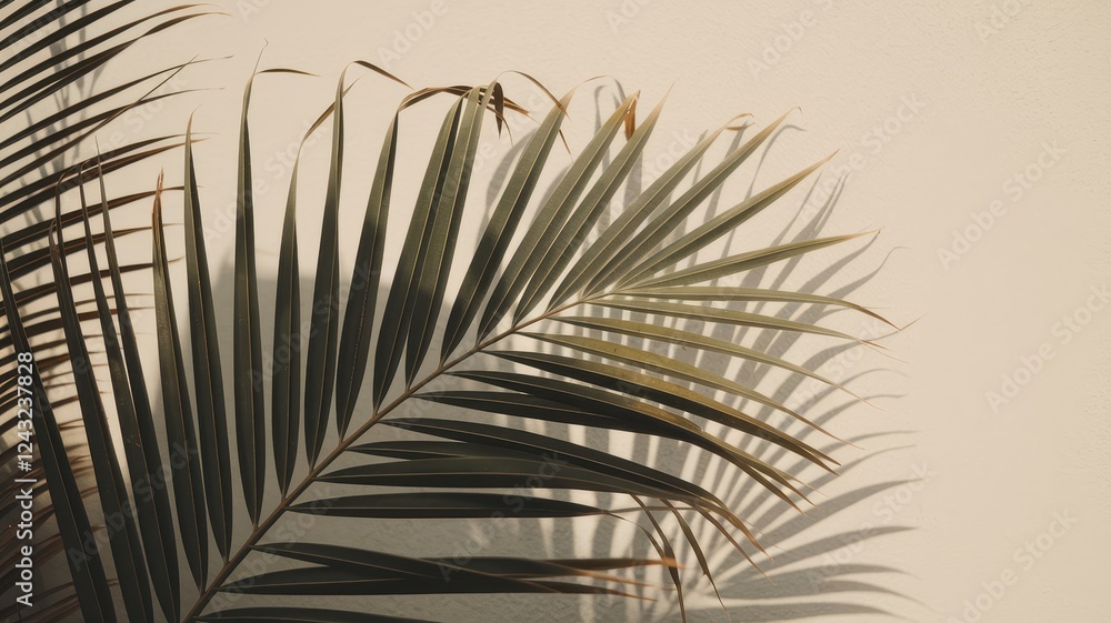 Fototapeta premium A close-up of a tropical palm leaf casting intricate shadows against a textured, neutral wall, creating a serene and natural ambiance.