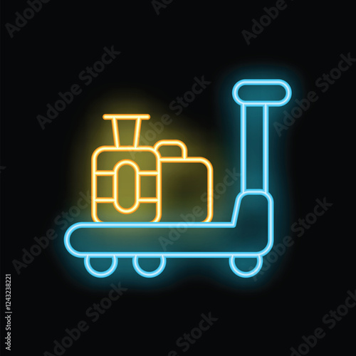 Bright neon luggage cart icon glowing on dark background, perfect for travel and hospitality businesses