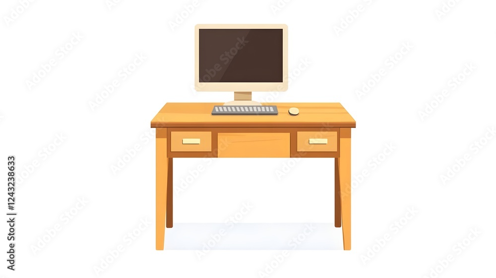 A minimalist wooden desk with a computer and keyboard, set against a clean white background A minimalist wooden desk with a computer and keyboard, set against a clean white background
