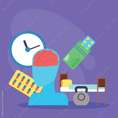 Various symbols representing healthcare, including brain model, pills, weight, clock, and hospital bed, illustrating key themes in medical practice and wellness