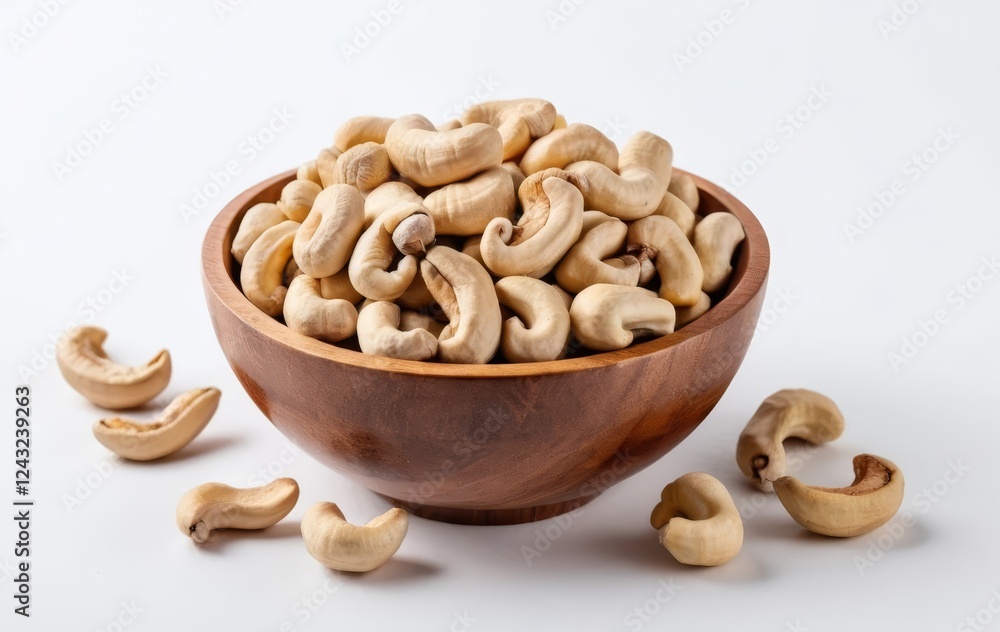 A wooden bowl filled with cashew nuts on a white background A wooden bowl filled with cashew nuts on a white background