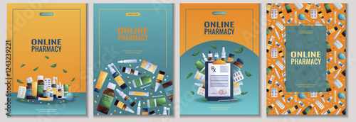 A set of flyers for online pharmacies and medicine. Medications, tablets, capsules, sprays, drops. Vector illustration in A4 format for posters, banners and advertisements.