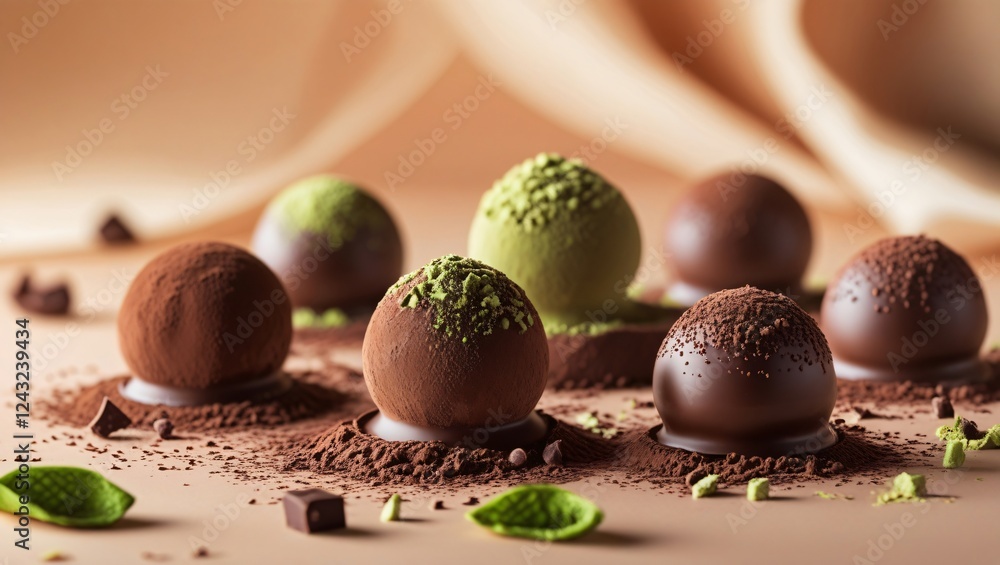 Artisanal nama truffles, coated in cocoa powder and infused with matcha or sake, set in soft, warm light, inviting indulgence. Artisanal nama truffles, coated in cocoa powder and infused with matcha or sake, set in soft, warm light, inviting indulgence.
